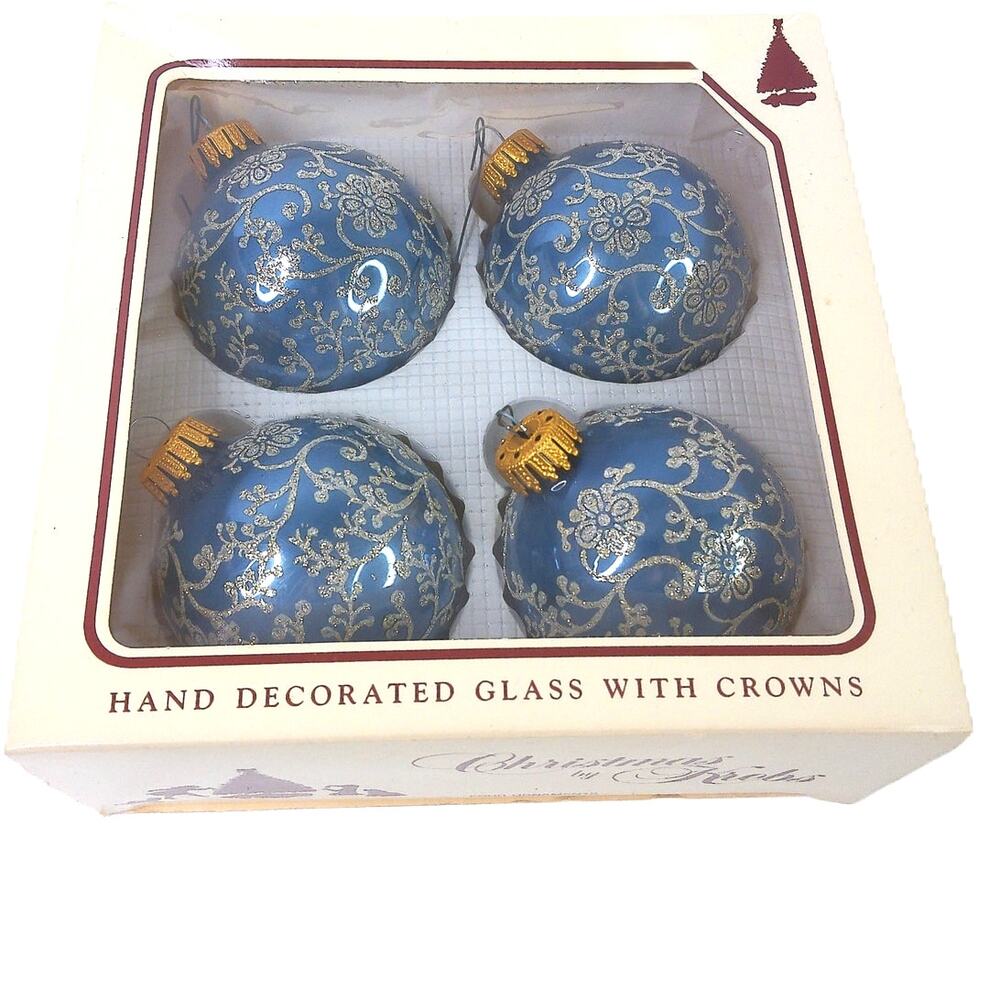 Christmas By Krebs Glass Ornaments Blue Floral Glitter Trim Set Of 4